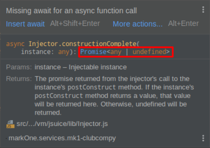 Screenshot of IntelliJ inspection help text showing an async JavaScript function signature where the synthesized return type is highlighted that reads 'Promise<any | undefined>'